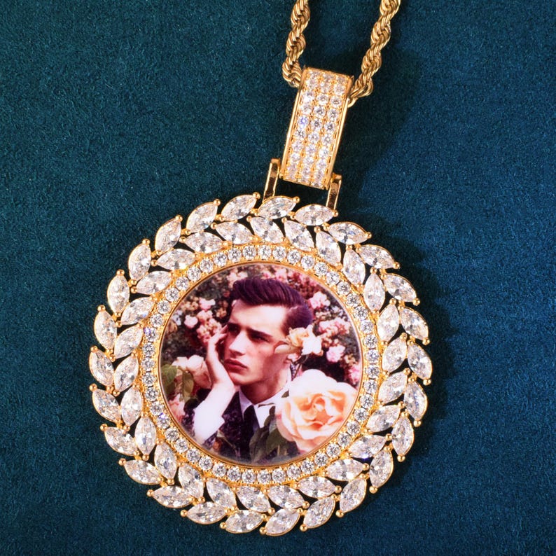 Custom Round Photo Pendant Necklace, Hip Hop Iced Out Copper Zircon Chain, Personalized DIY Picture Jewelry for Men Women