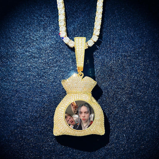 Personalized Money Bag Photo Pendant Necklace, Custom Hip Hop Iced Out Copper Zircon Epoxy Picture Chain, DIY Jewelry for Men Women