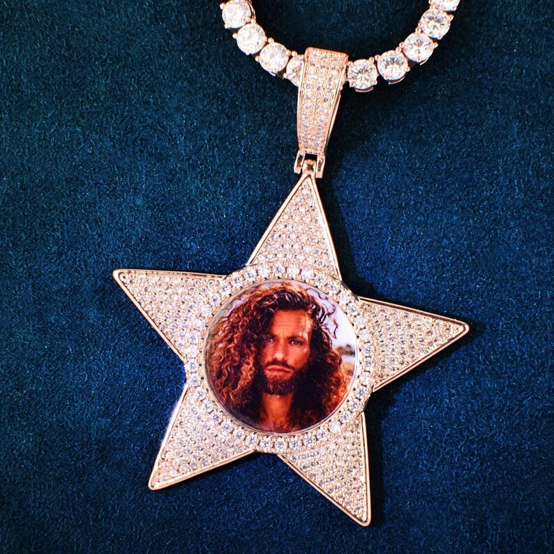 Personalized Star Round Photo Pendant Necklace, Custom Hip Hop Iced Out Copper Zircon Epoxy DIY Picture Jewelry for Men and Women