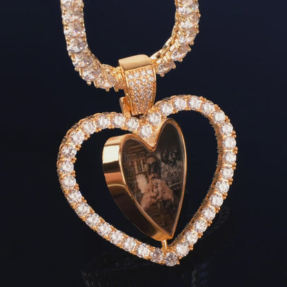 Custom Rotating Double-Sided Heart Love Shape Photo Pendant for Men Women Make Memory Picture Necklace Chain Hip Hop Jewelry