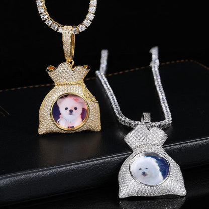 Personalized Money Bag Photo Pendant Necklace – Iced Out Copper Zircon Hip Hop Jewelry Gift