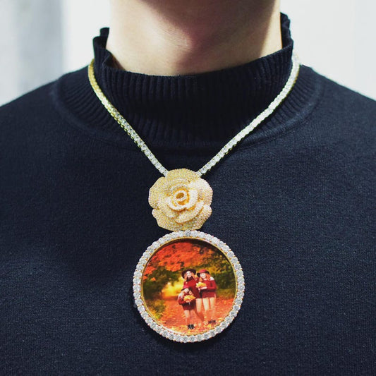 CUC Custom Photo Pendant Rose Flower Bail Memory Frame Picture Necklace Chain Iced Out Zircon Men Women Hip Hop Jewelry NEW