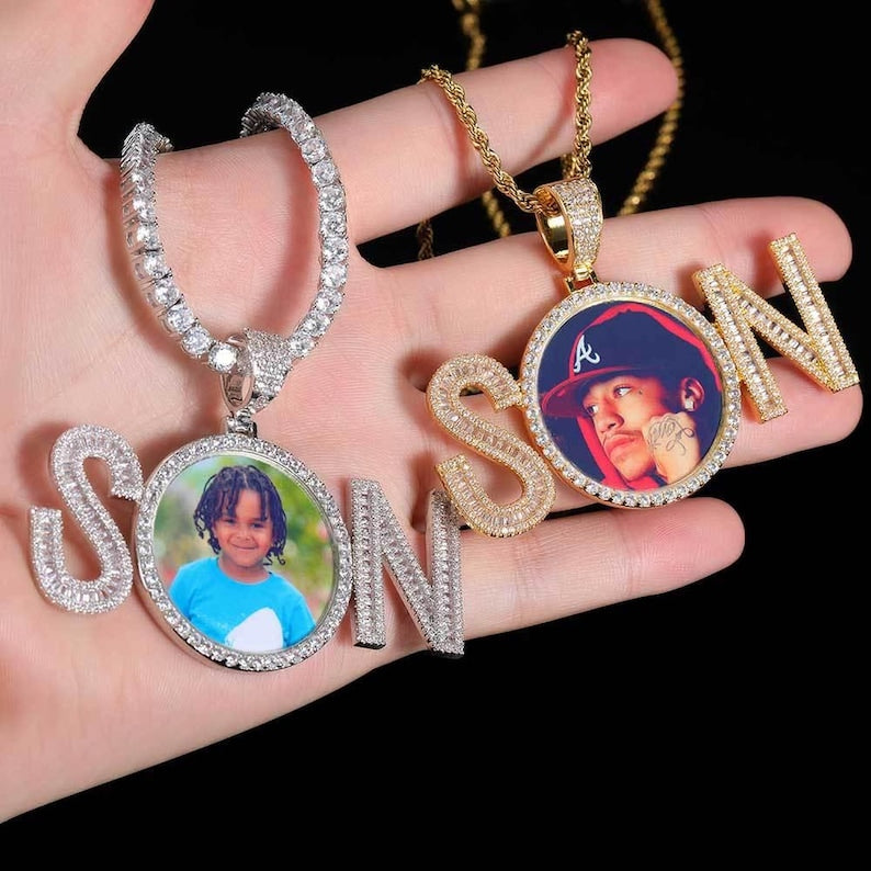 Custom Letter & Photo Pendant Necklace - Iced Out Hip Hop Zircon Jewelry for Men - Personalized Gift for Him