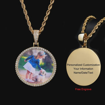 Custom Photo Necklace For Men Personalized Medallion Memory Picture Pendant Solid Back Zircon Hip Hop Jewelry Free Engrave