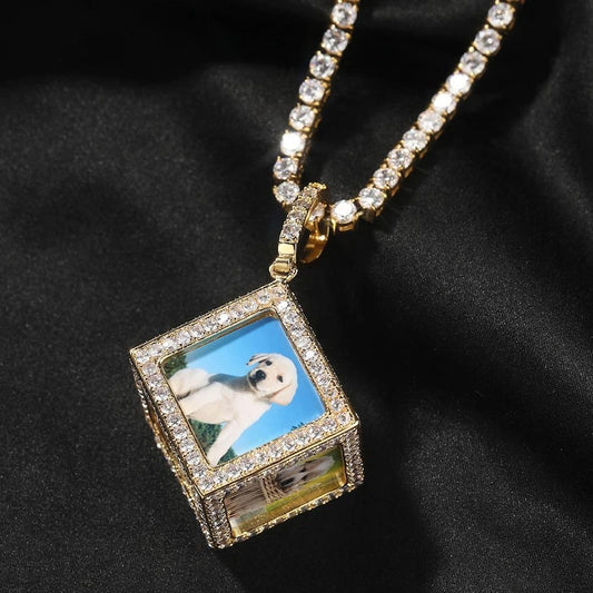 Men's 3D Cube Custom Memory Photo Pendant Necklace Iced Out 5A CZ 14k Gold Plated Personalized 6 Sides Pictures