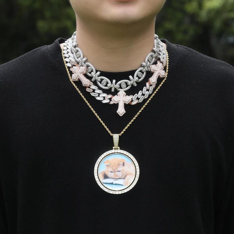 Large Rotating Custom Round Photo Pendant Necklace For Men Pet Medal Memory DIY Double Picture Hip Hop Jewelry