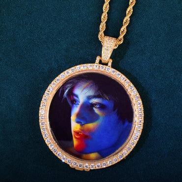 Custom Circle Medallion Photo Pendant One Row Zircon Make Memory Picture Necklace Chain for Men Hip Hop Jewelry