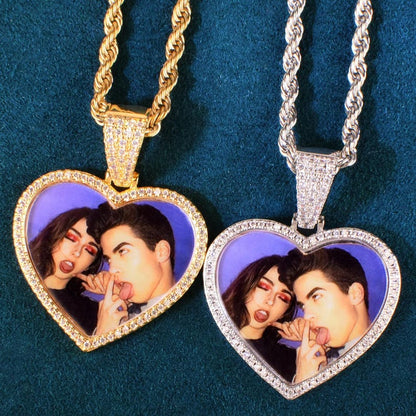 Custom Heart Love Shape Photo Necklace Chain Make Medallions Pendant Solid Back One Row Zircon for Men Women Hip Hop Jewelry