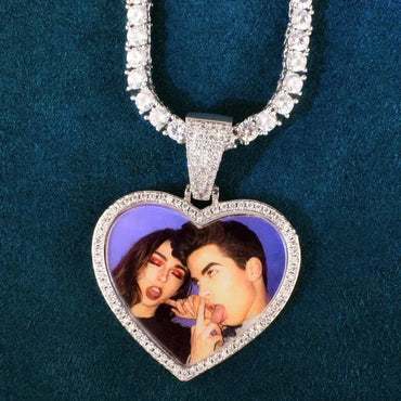 Custom Heart Love Shape Photo Necklace Chain Make Medallions Pendant Solid Back One Row Zircon for Men Women Hip Hop Jewelry - CaratixJewelry