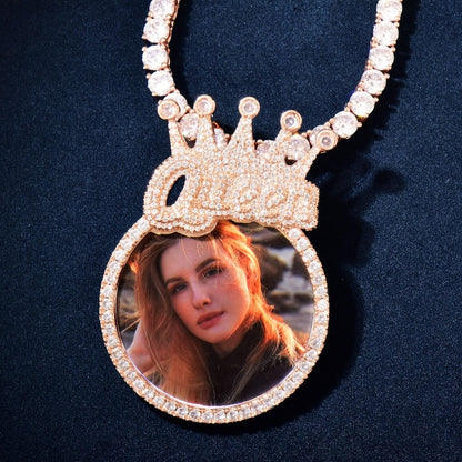 Personalized Crown Round Photo Pendant Necklace, Custom Hip Hop Picture Chain, Iced Out Copper Zircon Memory Jewelry for Men and Women