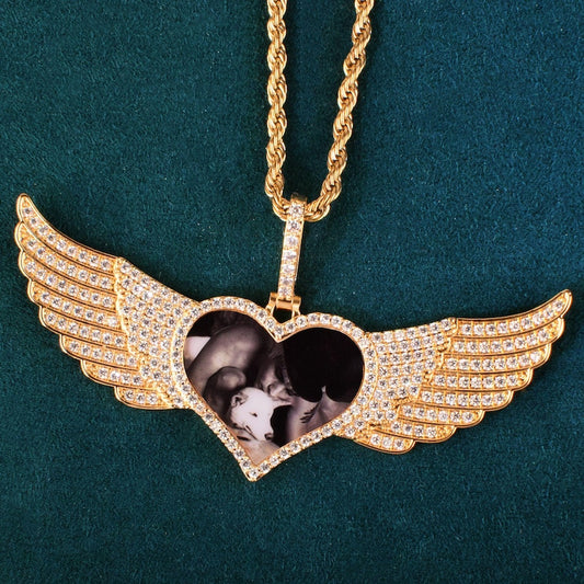 Personalized Heart Wings Photo Pendant Necklace, Custom Hip Hop Iced Out Picture Chain, Copper Zircon DIY Memory Jewelry for Men and Women