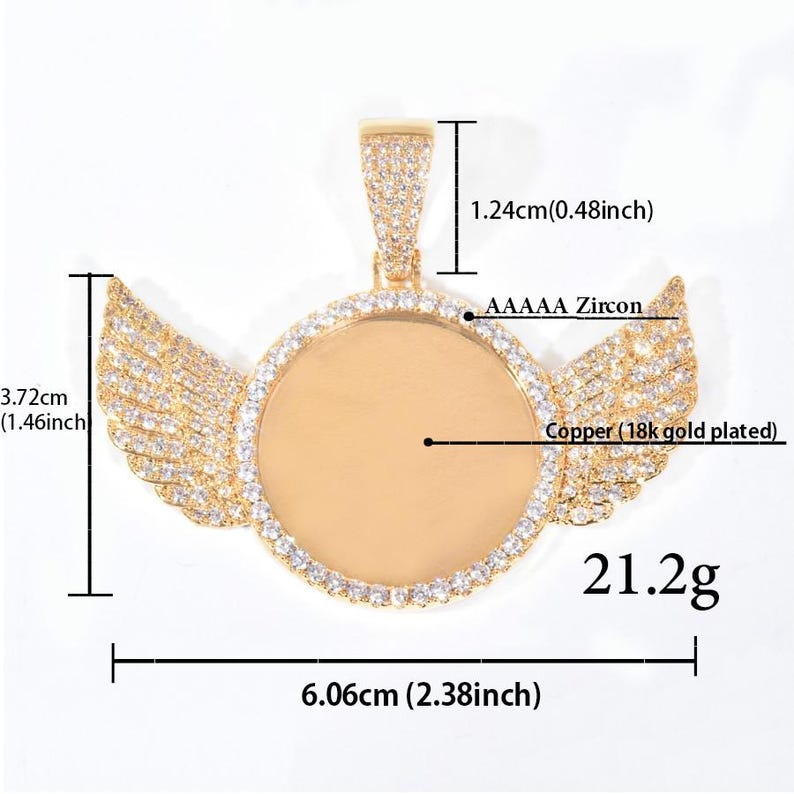 Personalized Small Wings Photo Pendant Necklace – Custom Iced Out Copper Zircon Hip Hop Jewelry for Men, Women & Couples