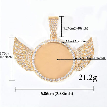 Personalized Small Wings Photo Pendant Necklace – Custom Iced Out Copper Zircon Hip Hop Jewelry for Men, Women & Couples