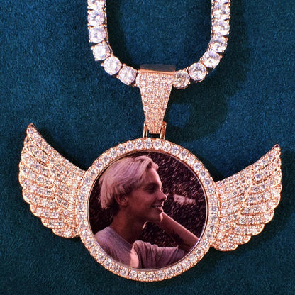 Personalized Small Wings Photo Pendant Necklace – Custom Iced Out Copper Zircon Hip Hop Jewelry for Men, Women & Couples