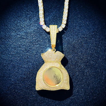Personalized Money Bag Photo Pendant Necklace, Custom Hip Hop Iced Out Copper Zircon Epoxy Picture Chain, DIY Jewelry for Men Women