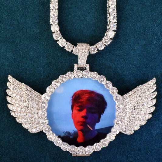 Personalized Small Wings Flip Round Photo Pendant Necklace, Custom Hip Hop Iced Out Copper Zircon DIY Picture Jewelry for Men Women