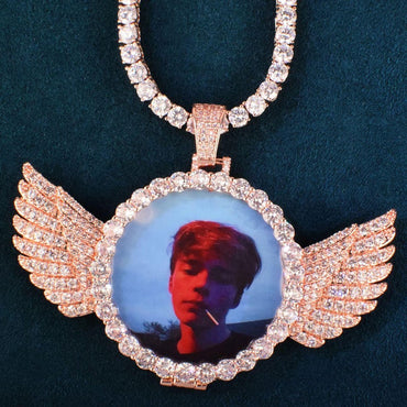 Personalized Small Wings Flip Round Photo Pendant Necklace, Custom Hip Hop Iced Out Copper Zircon DIY Picture Jewelry for Men Women