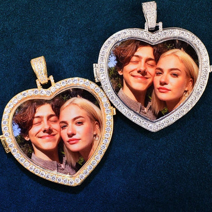 Personalized Heart Flip Photo Pendant Necklace – Custom Iced Out Copper Zircon Hip Hop Jewelry for Men & Women