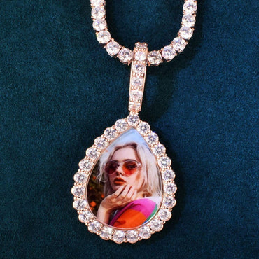 Personalized Water Drop Photo Pendant Necklace, Custom Hip Hop Iced Out Copper Zircon Epoxy DIY Picture Jewelry for Men and Women