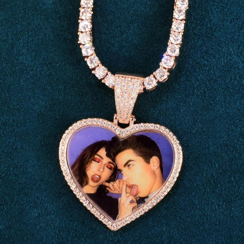 Personalized Heart Round Photo Pendant Necklace, Custom Hip Hop Iced Out Copper Zircon Epoxy DIY Picture Jewelry for Couples Men Women