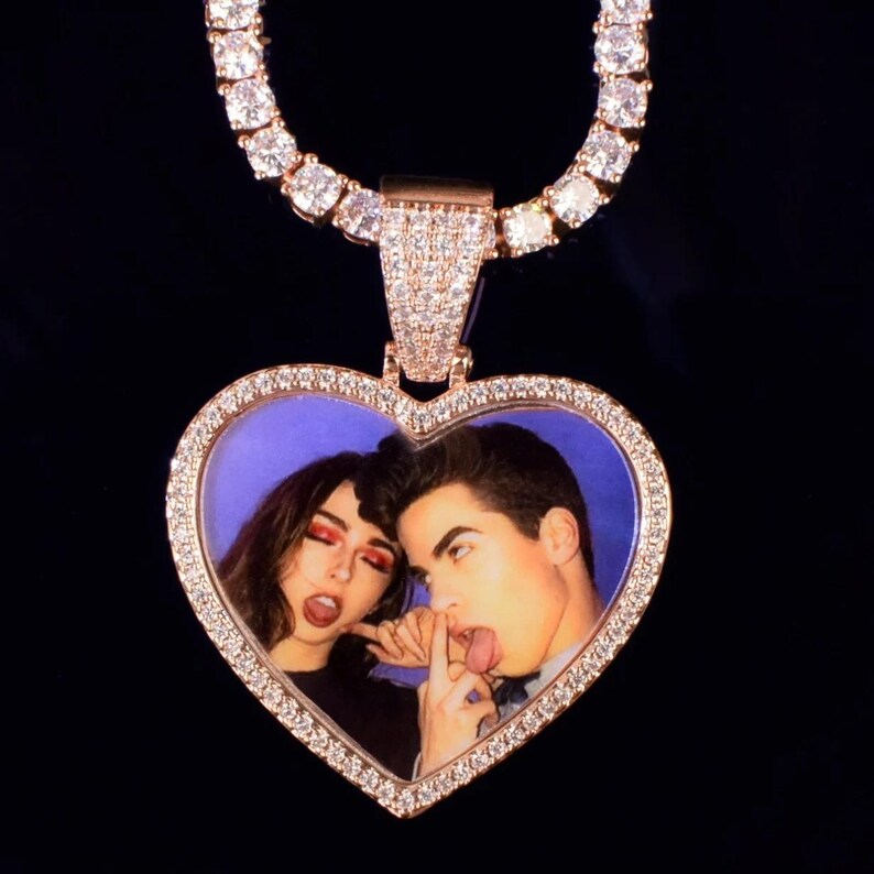 Personalized Heart Round Photo Pendant Necklace, Custom Hip Hop Iced Out Copper Zircon Epoxy DIY Picture Jewelry for Couples Men Women