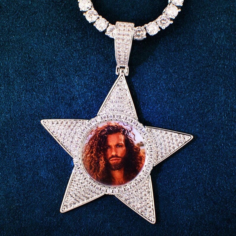 Personalized Star Round Photo Pendant Necklace, Custom Hip Hop Iced Out Copper Zircon Epoxy DIY Picture Jewelry for Men and Women