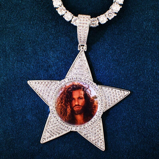 Personalized Star Round Photo Pendant Necklace, Custom Hip Hop Iced Out Copper Zircon Epoxy DIY Picture Jewelry for Men and Women