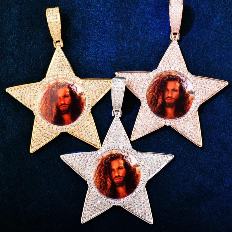 Personalized Star Round Photo Pendant Necklace, Custom Hip Hop Iced Out Copper Zircon Epoxy DIY Picture Jewelry for Men and Women