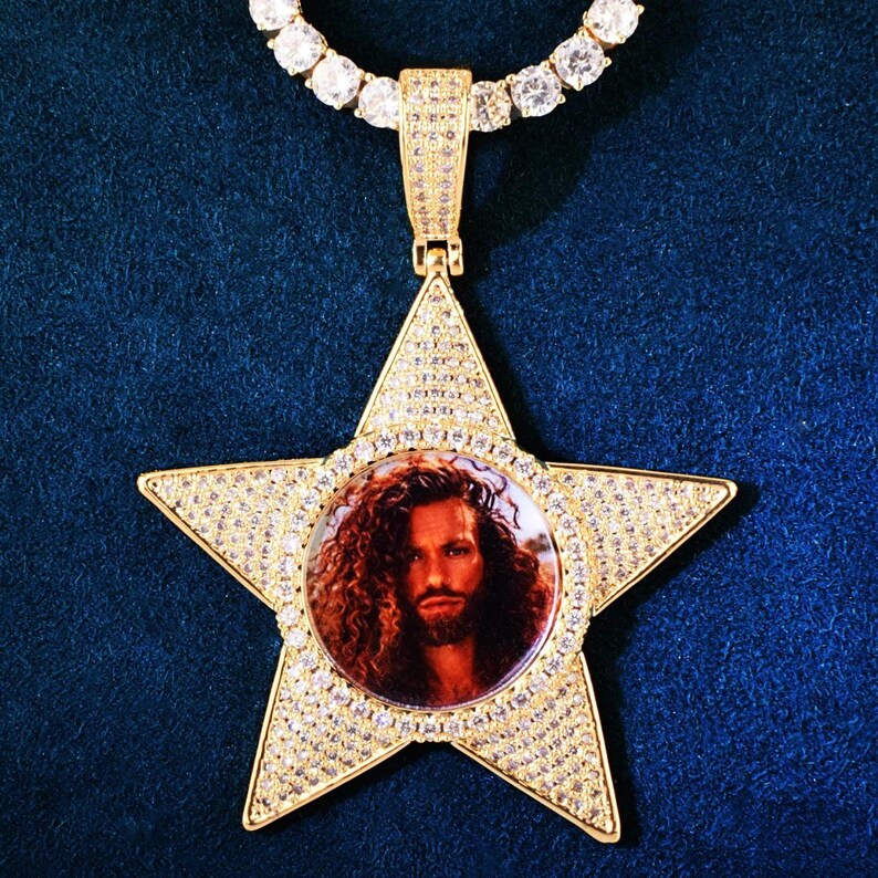Personalized Star Round Photo Pendant Necklace, Custom Hip Hop Iced Out Copper Zircon Epoxy DIY Picture Jewelry for Men and Women