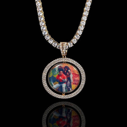 Personalized Large Rotating Double-Sided Round Photo Pendant Necklace – Iced Out Hip Hop Jewelry