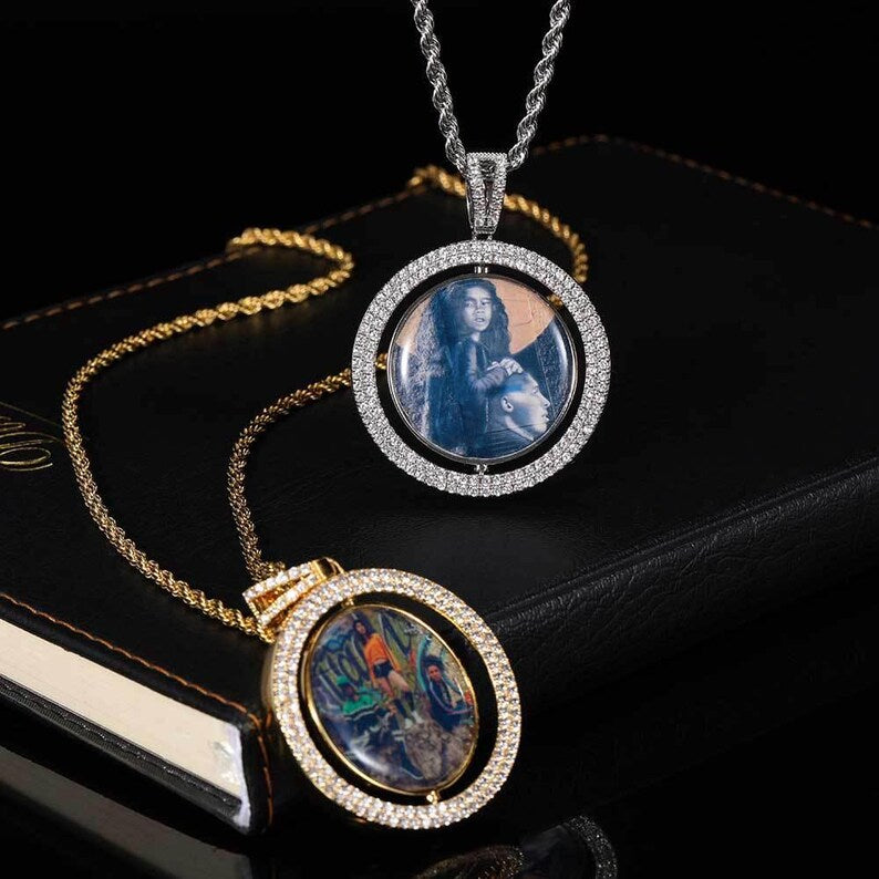 Personalized Large Rotating Double-Sided Round Photo Pendant Necklace – Iced Out Hip Hop Jewelry