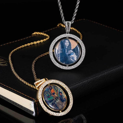 Personalized Large Rotating Double-Sided Round Photo Pendant Necklace – Iced Out Hip Hop Jewelry