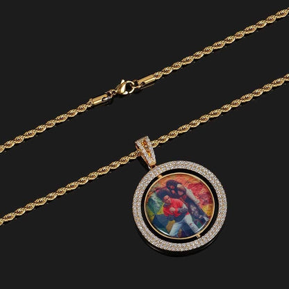 Personalized Large Rotating Double-Sided Round Photo Pendant Necklace – Iced Out Hip Hop Jewelry