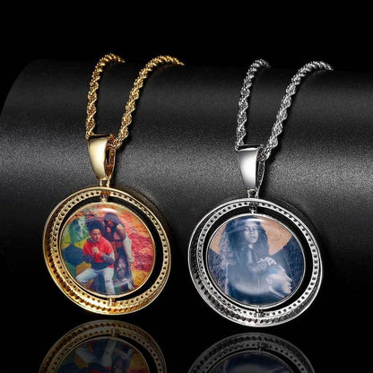 Personalized Large Rotating Double-Sided Round Photo Pendant Necklace – Iced Out Hip Hop Jewelry