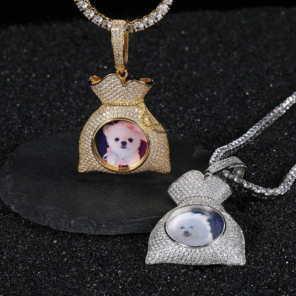 Personalized Money Bag Photo Pendant Necklace – Iced Out Copper Zircon Hip Hop Jewelry Gift