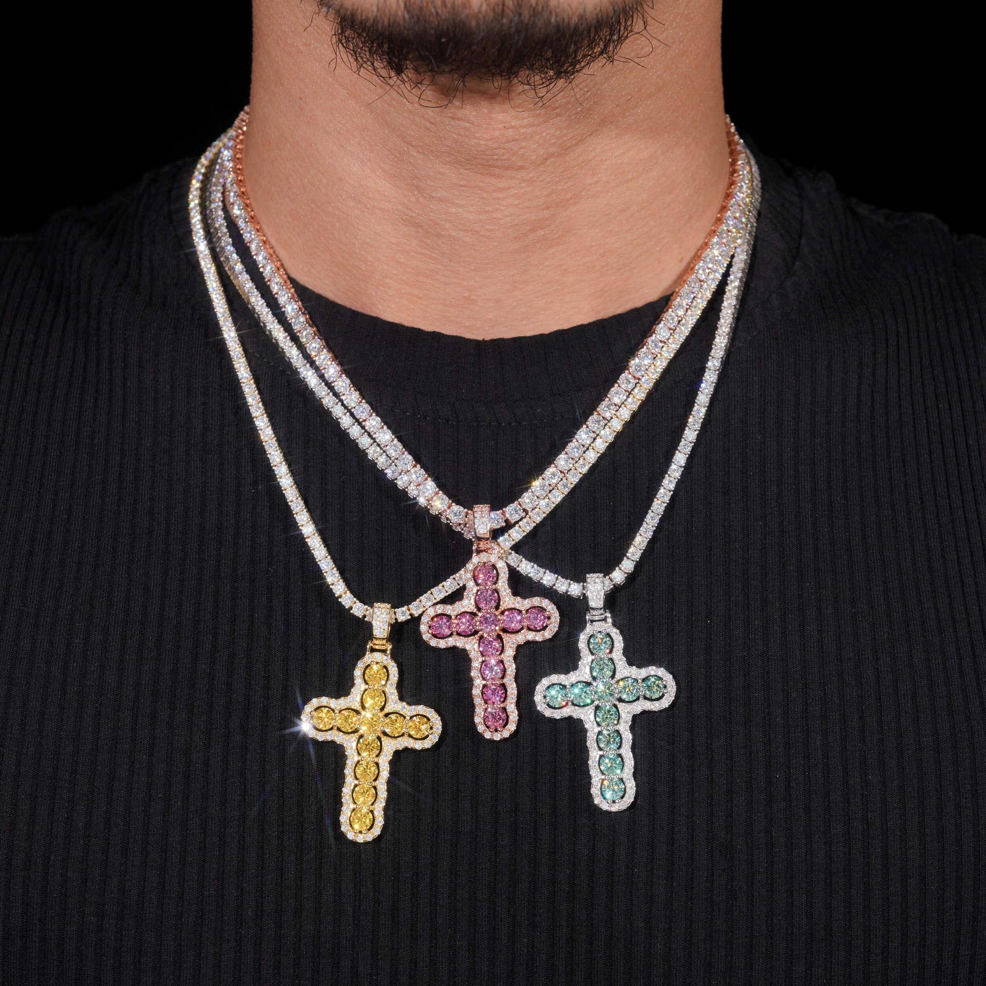 New Cross Pendant – S925 Silver, Colorful Moissanite, European & American Hip-Hop Style Unisex Fashion Jewelry - CaratixJewelry