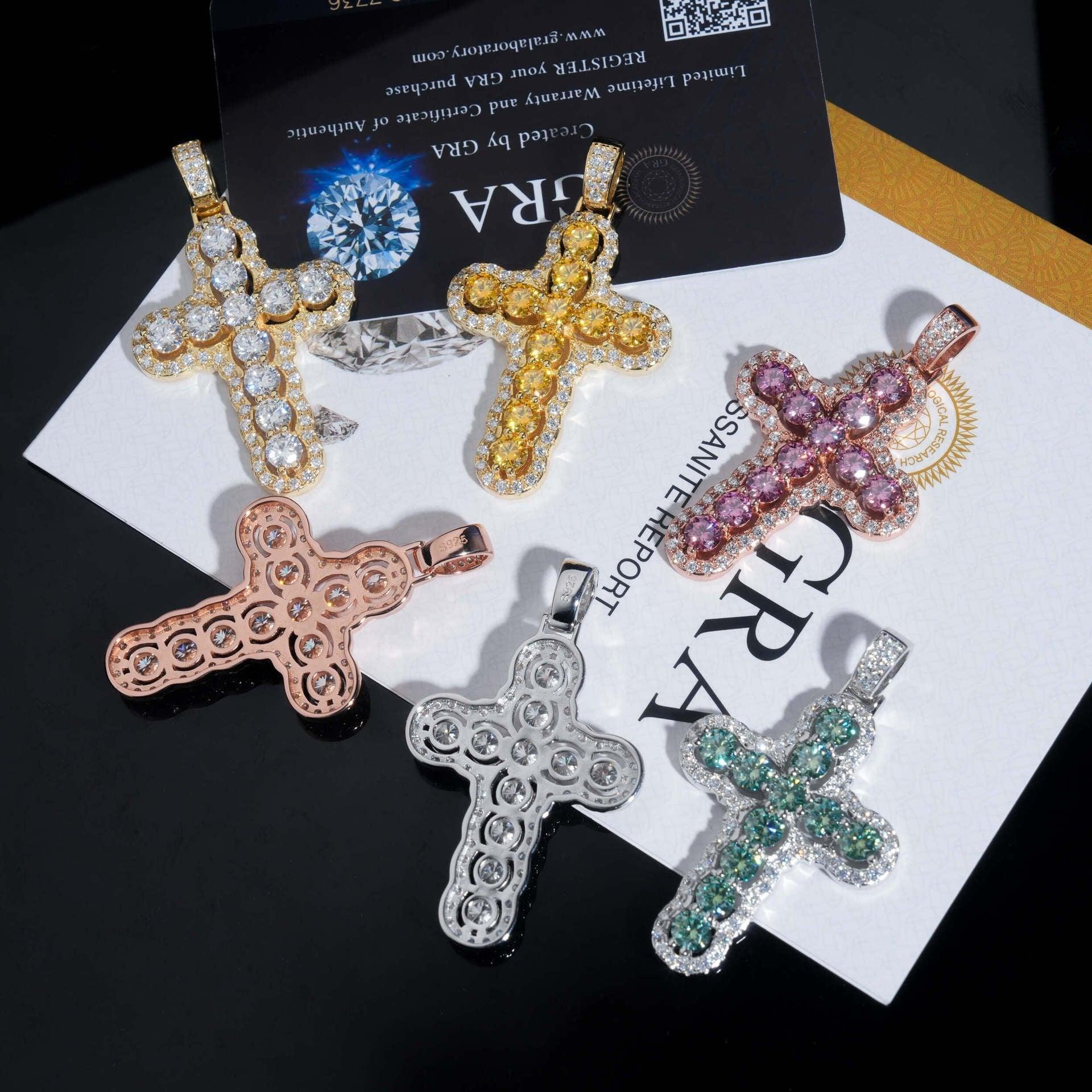New Cross Pendant – S925 Silver, Colorful Moissanite, European & American Hip-Hop Style Unisex Fashion Jewelry - CaratixJewelry