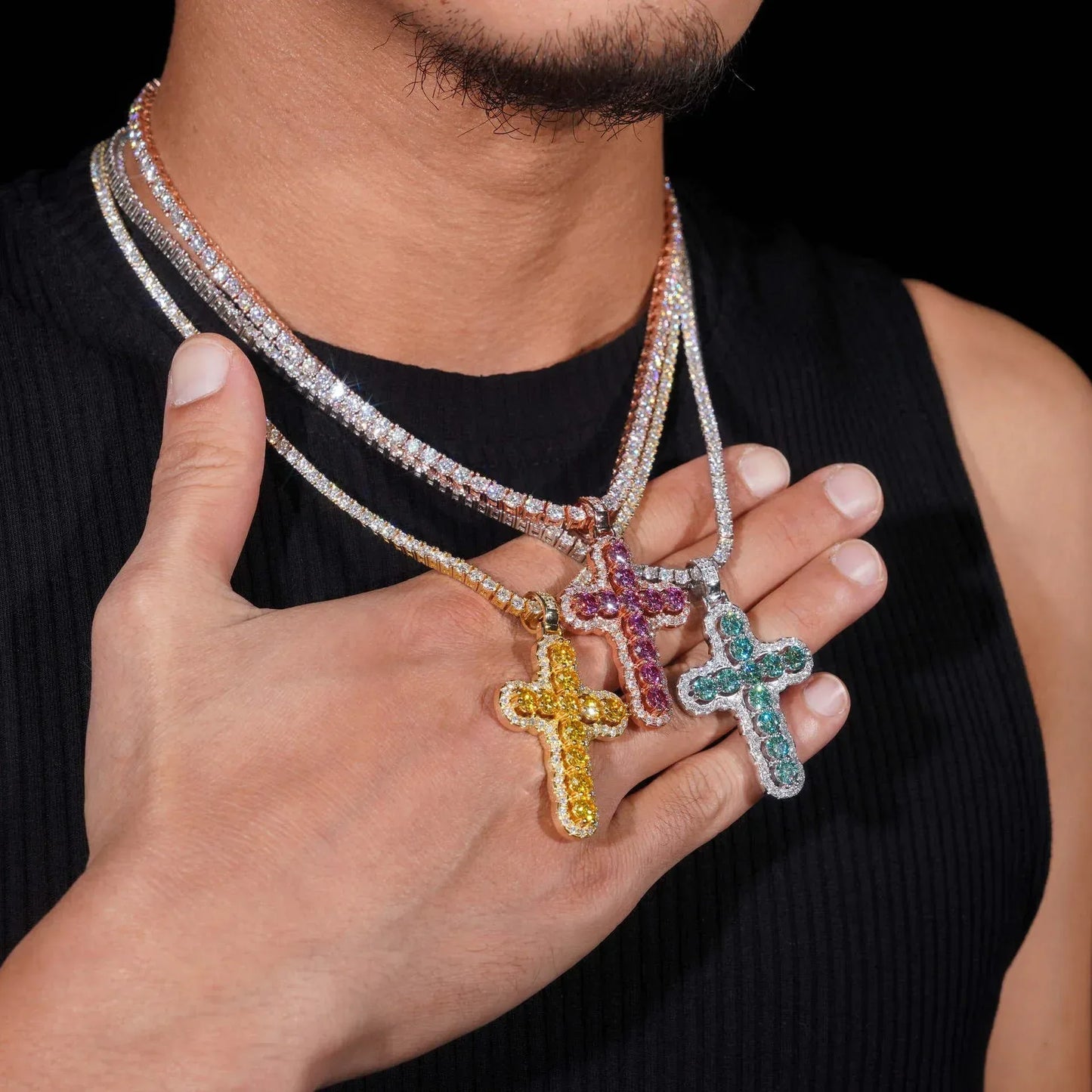 New Cross Pendant – S925 Silver, Colorful Moissanite, European & American Hip-Hop Style Unisex Fashion Jewelry - CaratixJewelry