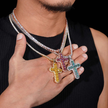 New Cross Pendant – S925 Silver, Colorful Moissanite, European & American Hip-Hop Style Unisex Fashion Jewelry - CaratixJewelry