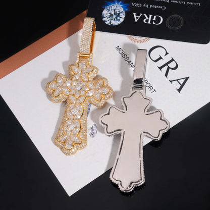 New Personalized Flower Cross Pendant – S925 Silver Moissanite, Fits 15MM Cuban Chain Necklace - CaratixJewelry