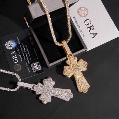 New Personalized Flower Cross Pendant – S925 Silver Moissanite, Fits 15MM Cuban Chain Necklace - CaratixJewelry