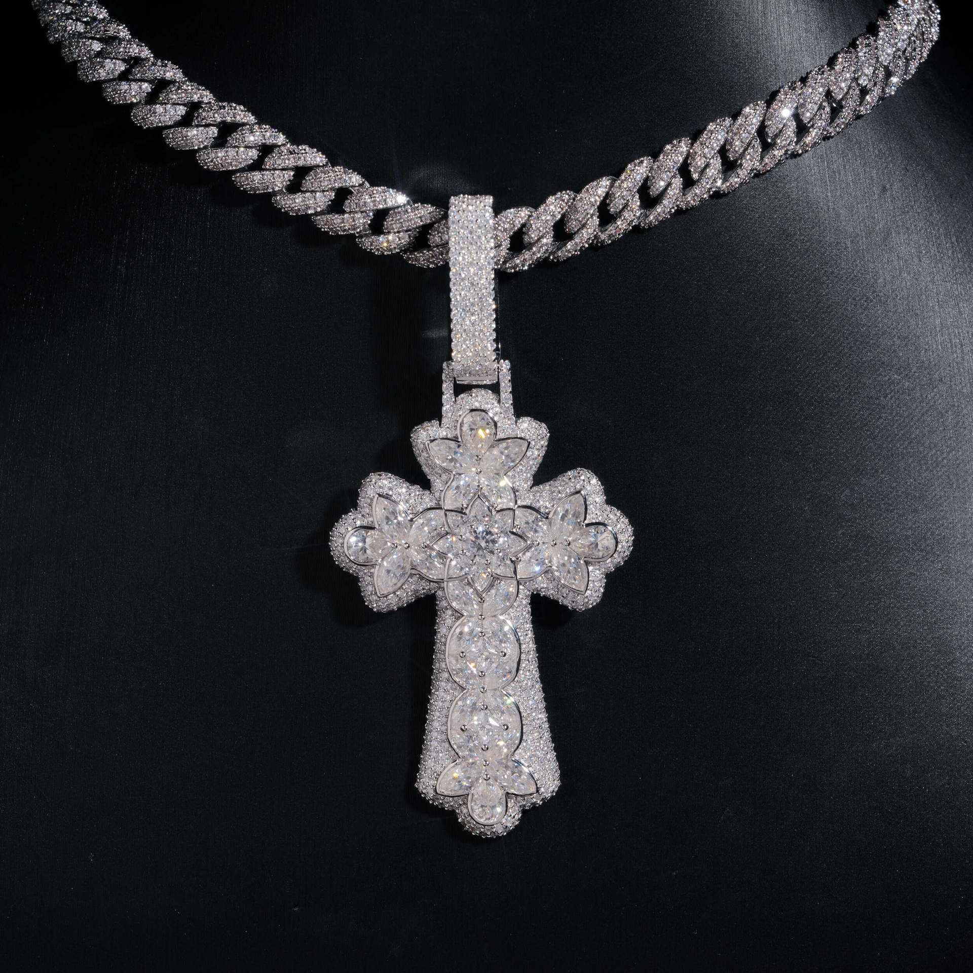New Personalized Flower Cross Pendant – S925 Silver Moissanite, Fits 15MM Cuban Chain Necklace - CaratixJewelry
