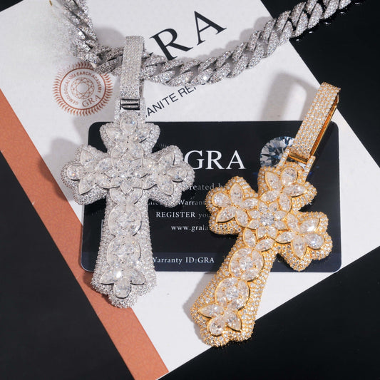New Personalized Flower Cross Pendant – S925 Silver Moissanite, Fits 15MM Cuban Chain Necklace - CaratixJewelry