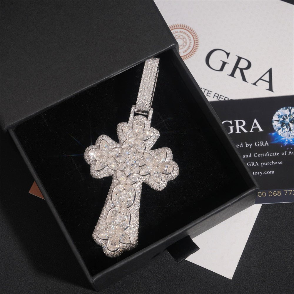 New Personalized Flower Cross Pendant – S925 Silver Moissanite, Fits 15MM Cuban Chain Necklace - CaratixJewelry