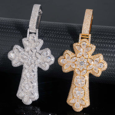 New Personalized Flower Cross Pendant – S925 Silver Moissanite, Fits 15MM Cuban Chain Necklace - CaratixJewelry