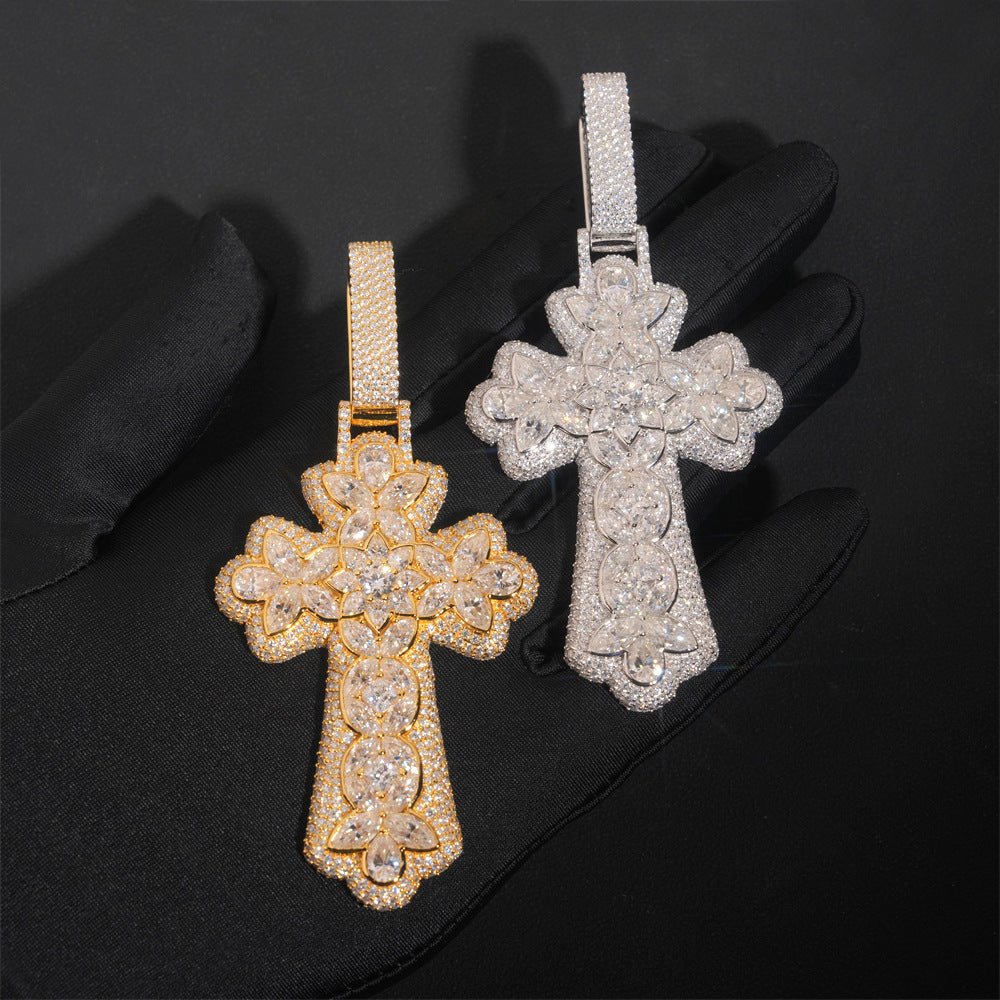 New Personalized Flower Cross Pendant – S925 Silver Moissanite, Fits 15MM Cuban Chain Necklace - CaratixJewelry