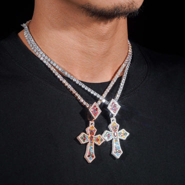 New S925 Silver Colorful Moissanite Cross Pendant – Unisex Design, High-Quality Jewelry - CaratixJewelry