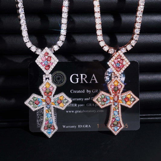 New S925 Silver Colorful Moissanite Cross Pendant – Unisex Design, High-Quality Jewelry - CaratixJewelry