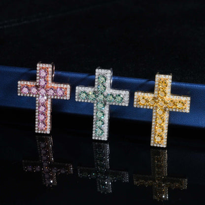 New S925 Silver Cross Pendant – Colorful Moissanite, Hip-Hop Style, Unisex Jewelry - CaratixJewelry