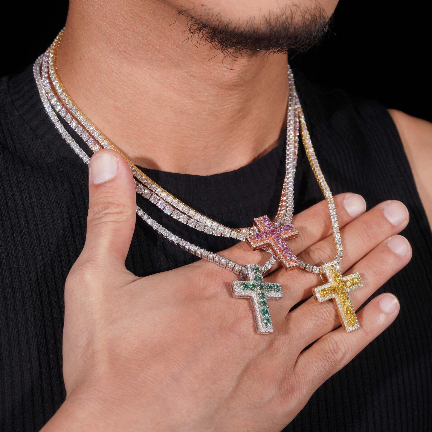 New S925 Silver Cross Pendant – Colorful Moissanite, Hip-Hop Style, Unisex Jewelry - CaratixJewelry